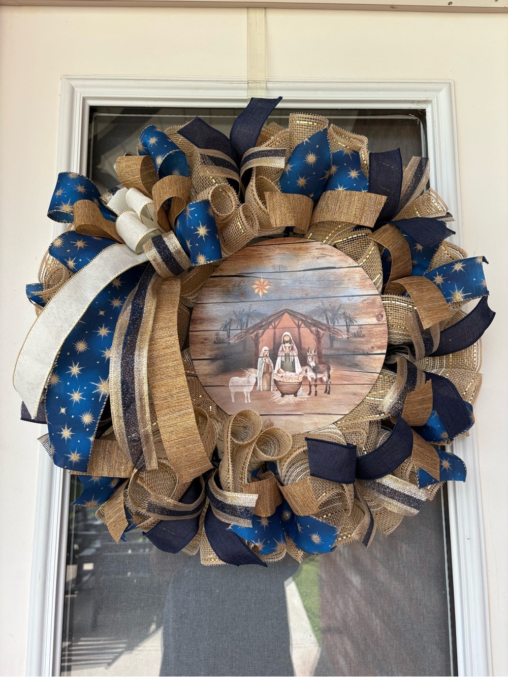 Navy & Gold Nativity Burlap Wreath